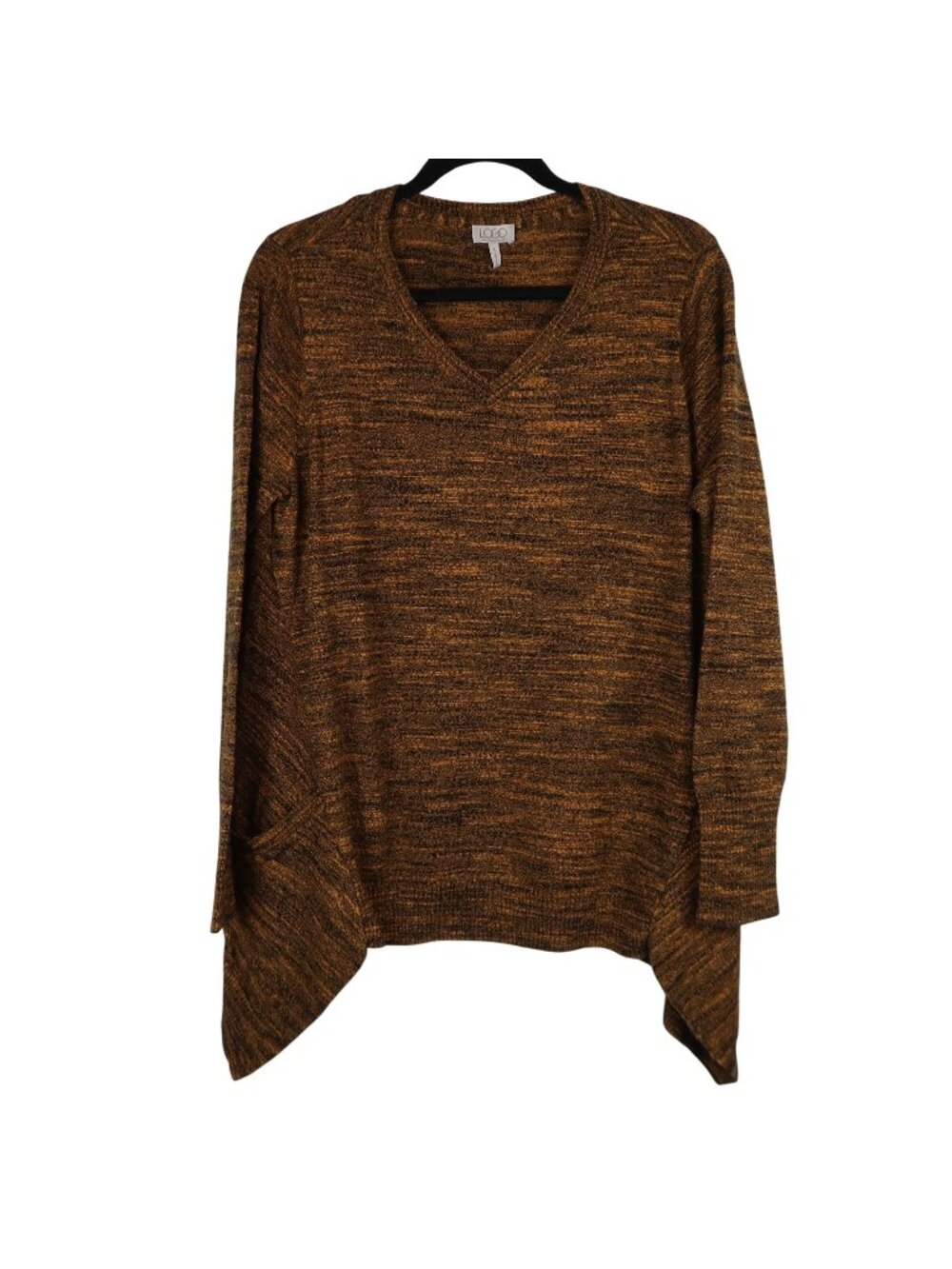 LOGO Lori Goldstein L Marled V-Neck Sweater Asymmetrical Hem Pocket Cashmere